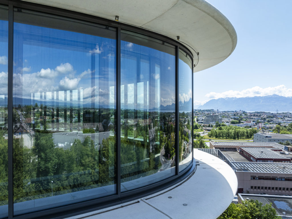 Vue de détail du bâtiment central de Cocoon à Bussigny